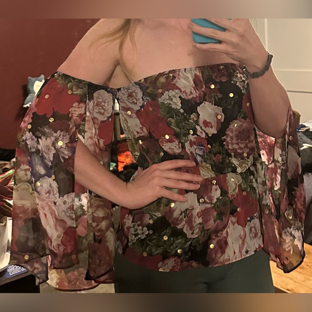 Medium Off the Shoulder Express Floral, Gold Polka Dot Blouse with Flowy Sleeves